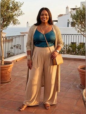 Chic Tan Self-Double Layer Wide-Leg Women's Pants